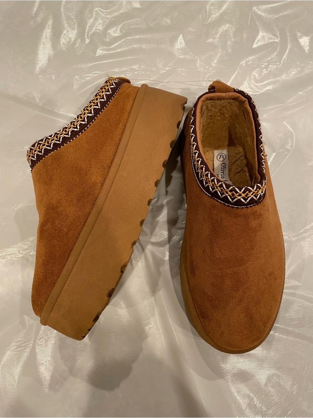 Olivia Sky Chestnut Platform Slip-On Clogs with Braided Trim